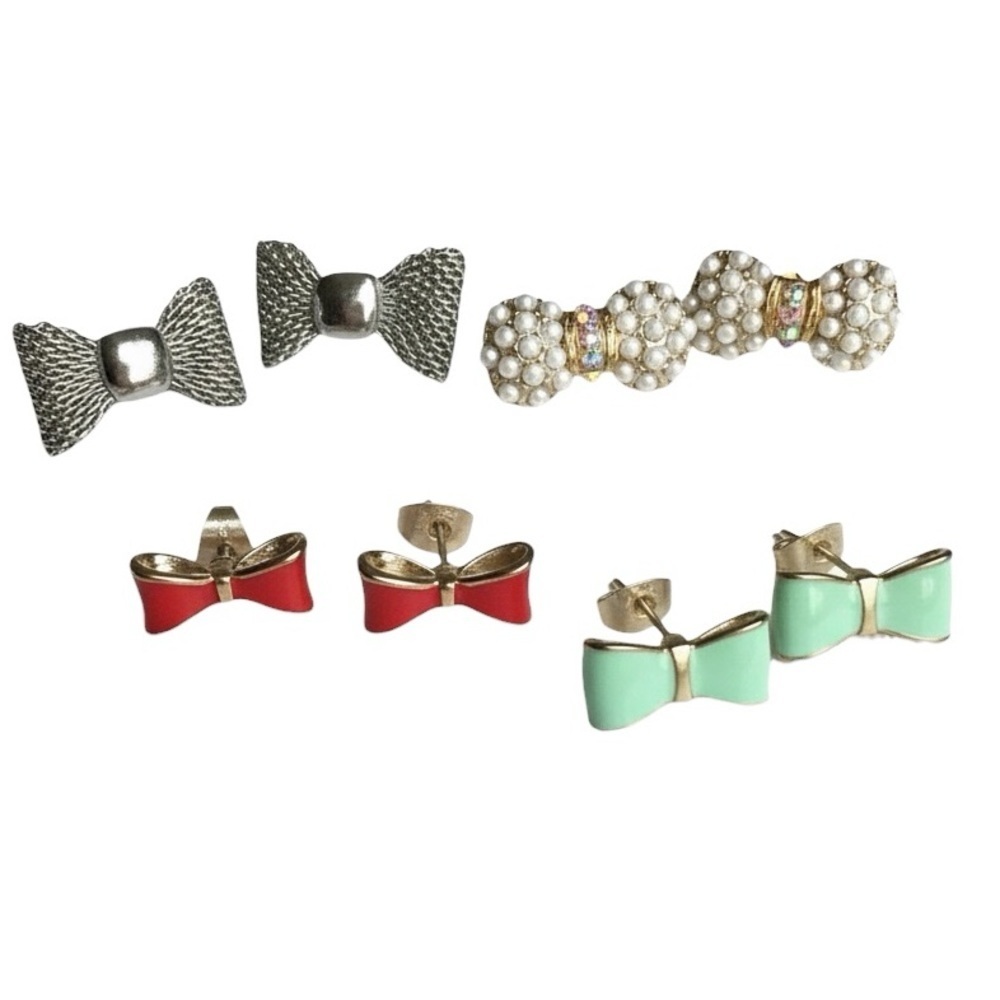 Vintage Bow Earrings Silver Mesh Gold Faux Pearl Red Turquoise Enamel Feminine